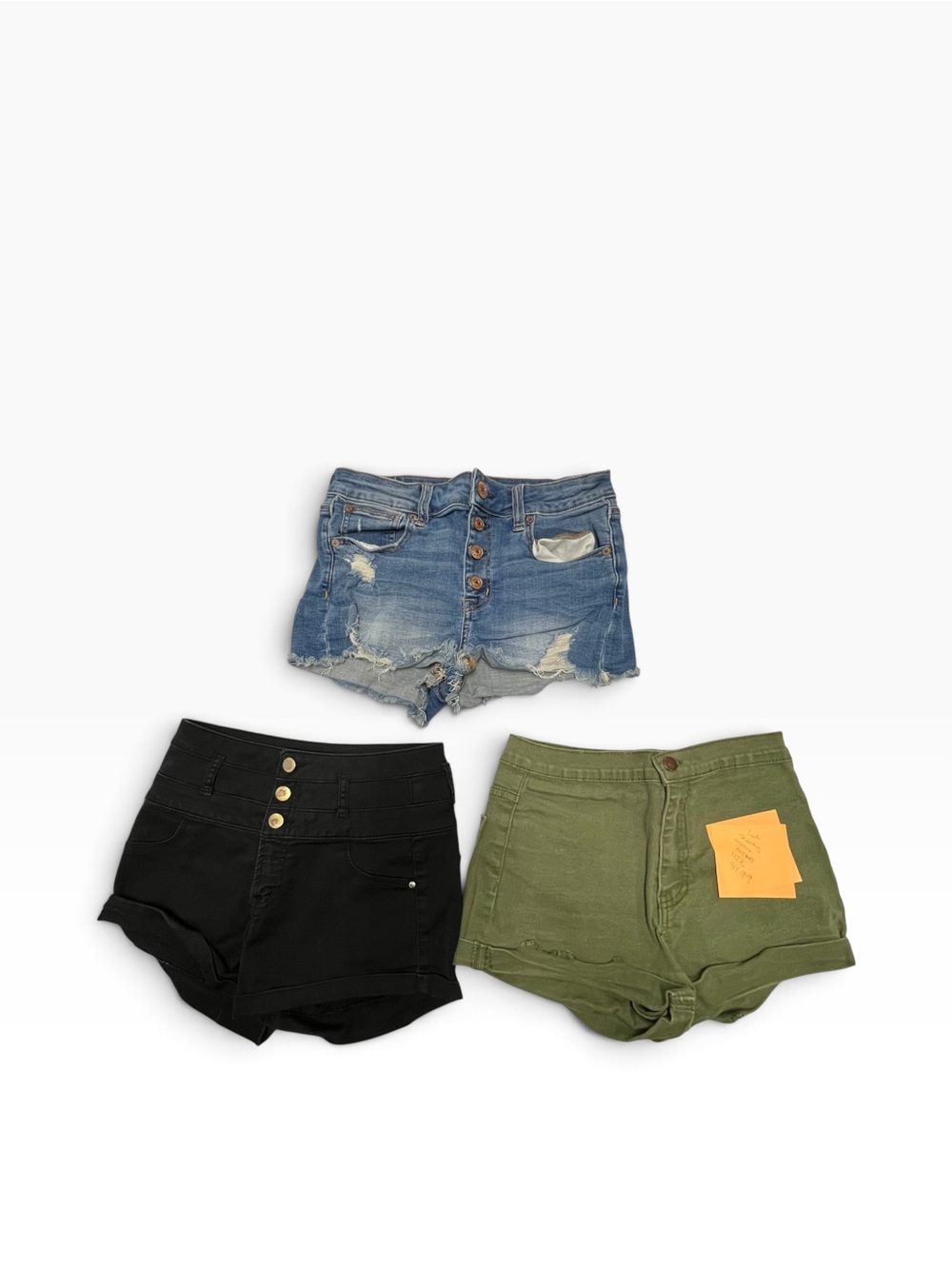 Multi-Brand High-Waist Shorts Trio: Blue Denim, Black, Olive Green